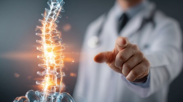 Doctor examining digital spine model with glowing spot indicating potential problem area