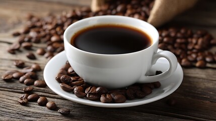Start your day with a cup of fresh brewed black coffee, surrounded by rich aromatic coffee beans on rustic wooden table