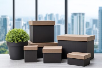 Stylishly wrapped corporate gift sets in a modern office environment, bright natural light streaming in, high-quality materials, perfect for branding, cheerful and professional vibe