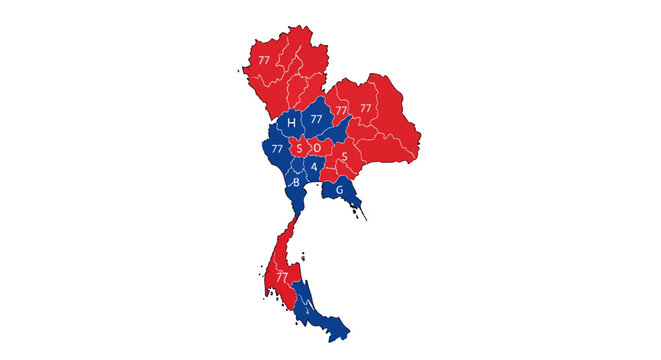 A political map of Thailand showing election results or regional divisions with provinces colored in red and blue.