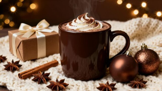 Steaming hot chocolate topped with whipped cream in a brown mug, surrounded by festive Christmas decorations, including ornaments, a gift box, cinnamon sticks, and star anise on a knitted blanket.