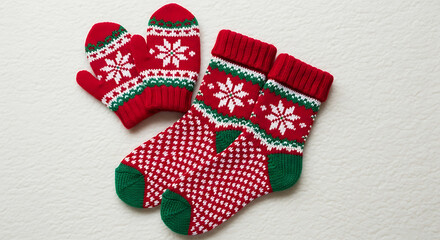 Colorful Christmas socks and mittens with snowflake designs and green accents 