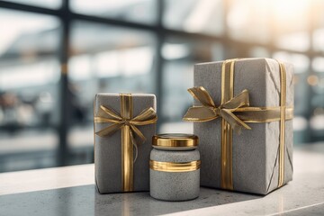Stylishly wrapped corporate gift sets in a modern office environment, bright natural light streaming in, high-quality materials, perfect for branding, cheerful and professional vibe