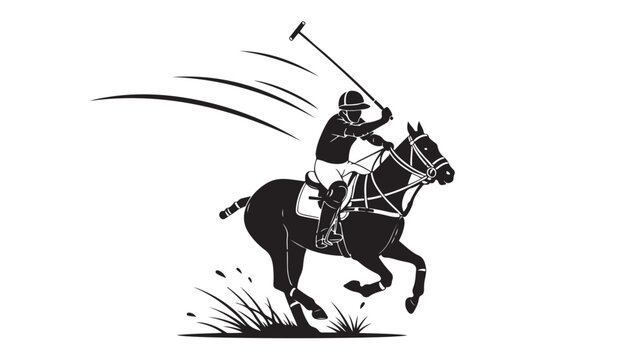 Dynamic polo player riding horse with mallet swinging in full speed action black and white for logo design or sports branding projects, evoking speed, skill, and tradition