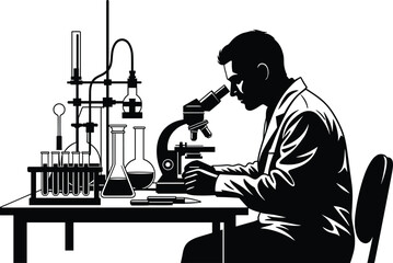 Scientist in laboratory, microscope research, chemical glassware, black and white illustration, science experiment, lab bench setup, professional study