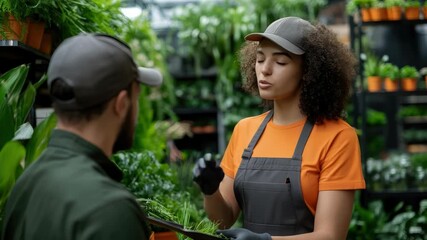 Cheerful saleswoman wearing an apron and black gloves is holding a bunch of dill, smiling and talking to a customer in a garden center full of plants - Powered by Adobe