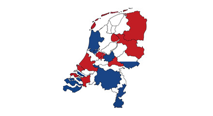Fototapeta premium Map of the Netherlands with regions colored in red and blue, showing political divisions.