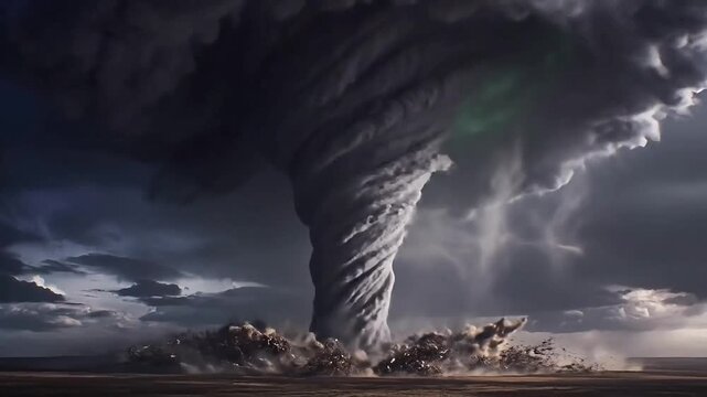 Dramatic tornado swirling across vast plains under ominous sky, creating a sense of impending doom and awe-inspiring natural power for weather concepts