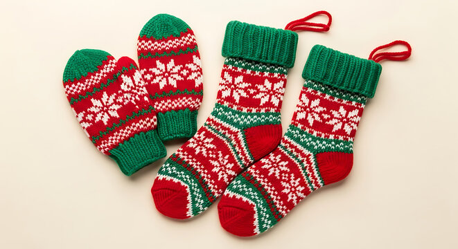 Holiday-themed knitted mittens and socks in festive colors for winter celebrations