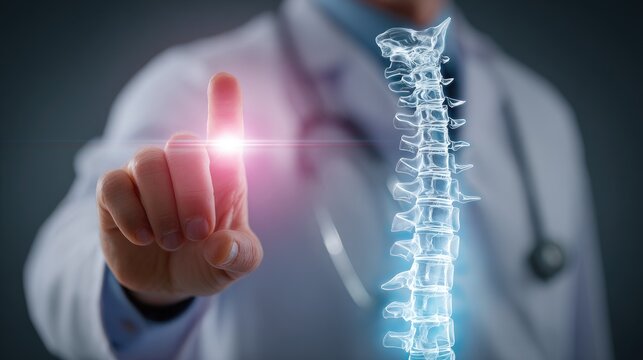 Doctor examining digital spine model with glowing spot indicating potential problem area