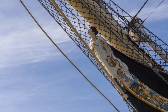 Figure of the crowd, one of the titanic muses in Greek mythology, figurehead, steel four-masted barque Pommern, windjammer with jubilee rig, Maritime Museum, Mariehamm, &Aring;land or Aland Islands, Finland