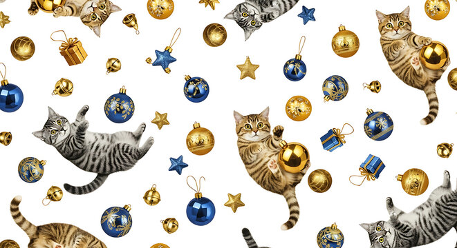 Cats engage playfully with holiday ornaments and gifts in a cheerful setting - Powered by Adobe