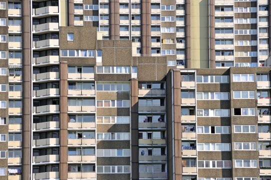 Residential tower blocks KölnBerg, a social hotspot in the Meschenich district of Cologne, North Rhine-Westphalia, Germany