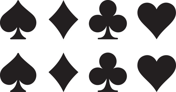 Eight black card suits are shown on a white background with spade, club, heart and diamond