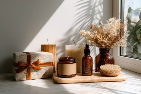 A minimalist setup showcasing luxurious cosmetic gift boxes adorned with ribbons, soft diffused light highlighting the textures, promoting a serene and inviting mood for self-care
