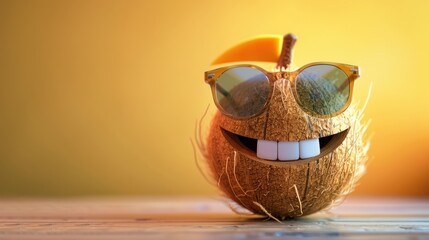 A Cheerful Fruit Character with Sunglasses, Smiling Brightly Against a Warm Sunset Background, Exuding a Fun and Playful Vibe