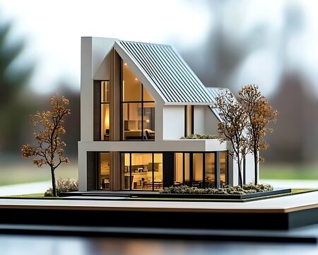 Modern house miniature model presenting architectural elegance with landscape charm