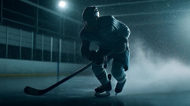 Ice hockey player ice rink athlete action speed dynamic spray night spotlight competition lead intense scene with dramatic spray, sharp turn, focused energy arena lights, carving fast turn with ice