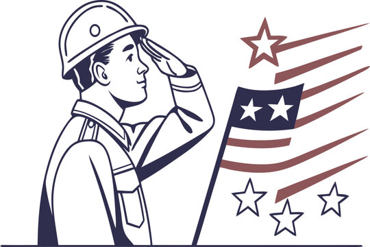 Line art illustration of a construction worker or soldier in a hard hat saluting the stylized american flag isolated on white background