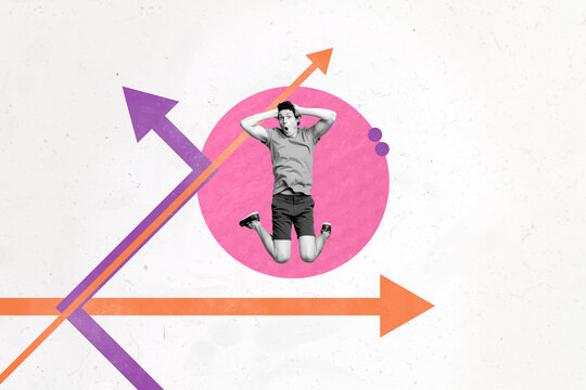 Trend artwork poster composite sketch image collage of young man shocked jump venture route point showing way arrow different direction