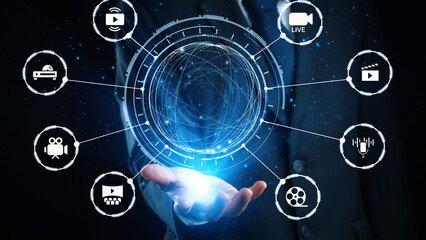 Multimedia technology with video, audio, photo and streaming icons representing digital media, communication and online platforms in a modern multimedia world. Gist