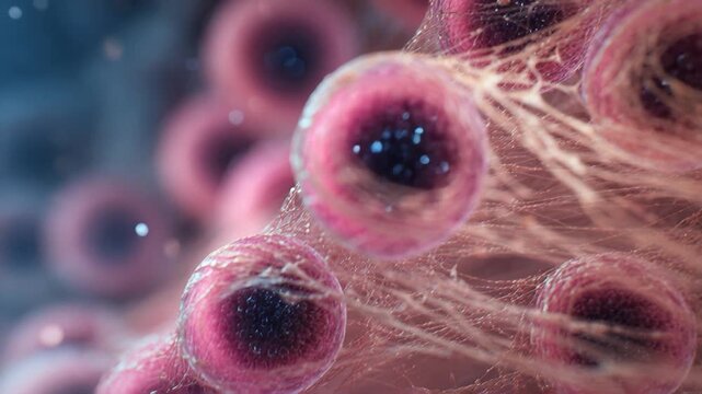 Microscopic cell network biology science pink macro abstract medical organic structure texture weave delicate web, microscope biology cell tissue anatomy research, pink microstructure forms pulse