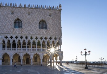 Doge's Palace with Sun Star in the Piazetta San Marco, St Mark's Square, Venice, Veneto, Italy