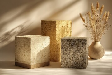 Minimalist gift boxes with a universal design, placed against a light backdrop, featuring natural textures and gentle shadows, ideal for showcasing seasonal offers