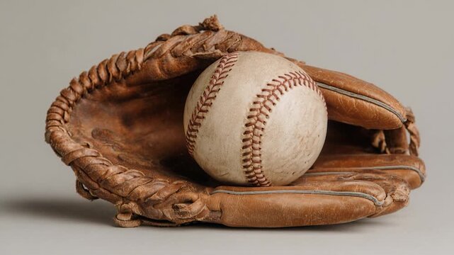 Vintage baseball glove leather ball, vintage brown sport equipment closeup texture, worn leather baseball glove holding scuffed ball, neutral background, stitching detail, nostalgic studio macro