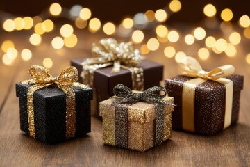 Elegant corporate gift boxes arranged on a wooden table, soft ambient lighting, luxurious materials, showcasing space for branding and promotional text, festive atmosphere