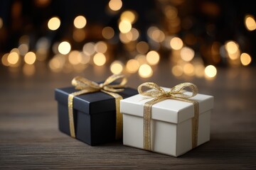 Elegant corporate gift boxes arranged on a wooden table, soft ambient lighting, luxurious materials, showcasing space for branding and promotional text, festive atmosphere