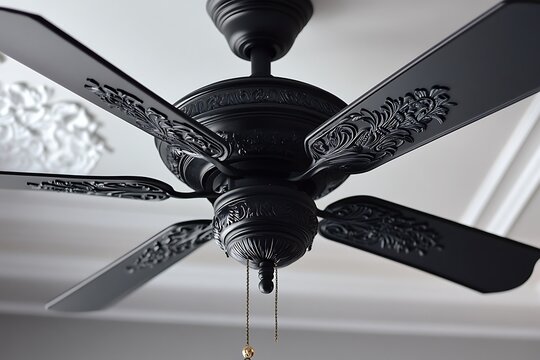 Elegant black ceiling fan with ornate details adds a touch of sophistication to any room with its unique design appeal