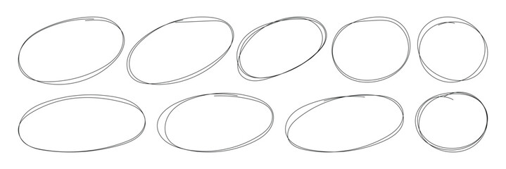 Messy round scribble circle. Charcoal pen round ovals. Hand drawn doodle grunge circle highlights. Ellipses pencil doodle style set. 