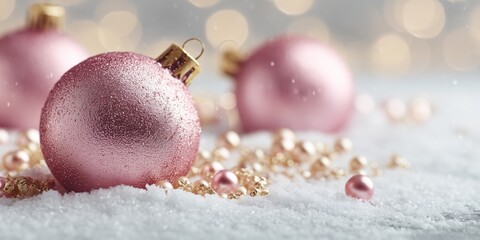Close-up of pink Christmas ornaments lying on snow, surrounded by golden pearls and soft bokeh lights. Elegant holiday composition in pastel tones.