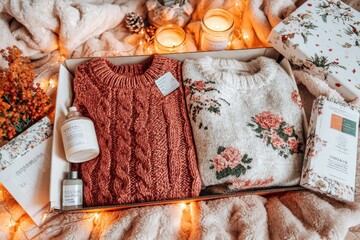 Cozy holiday-themed subscription box overflowing with seasonal surprises, wrapped in festive paper, warm lighting, soft textures, inviting atmosphere
