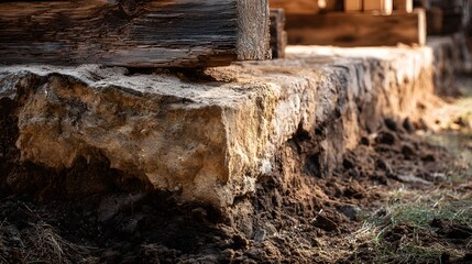 Obraz premium Close-up of an old weathered wooden foundation of a rustic building.