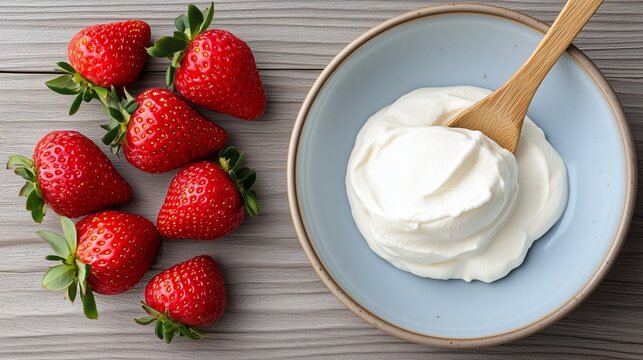 Delicious strawberries arranged beside creamy yogurt in a bowl