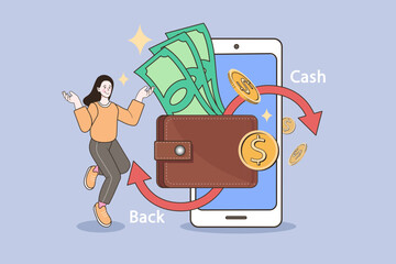 Happy woman with mobile phone and wallet showing cash back concept. Money refund arrows cycling around digital payment. Vector illustration of financial reward and loyalty program.