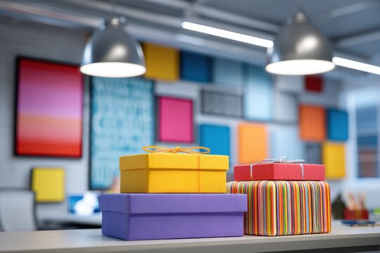 Modern workspace featuring neatly stacked gift boxes, bright overhead lighting, and a backdrop of motivational quotes, creating an inviting and uplifting atmosphere