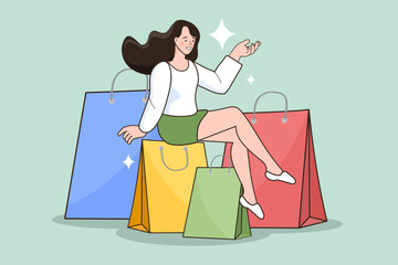 Happy woman sitting on a big pile of colorful shopping bags. Concept of shopaholic lifestyle and seasonal sale event. Vector illustration of female customer enjoying discount promotion.
