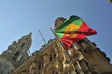 Flag of Brussels at the town hall, Grand Place, UNESCO World Heritage Site, Brussels, Belgium, Benelux