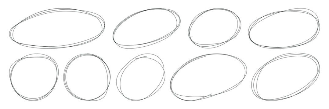 Hand drawn circle line sketch set. Doodle round circles for message note mark design element. Scribble ovals and bubbles to circle and highlight text. Doodle Circles Pack. Round Shape Line Art vector 