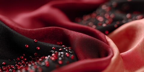 Elegant draped fabric in black and burgundy tones, decorated with scattered sequins and glitter. Luxurious texture and deep contrast create a festive, sophisticated mood.