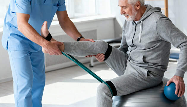 Physiotherapist helping senior man with exercise ball in rehabilitation center