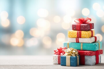 Vibrant and colorful gift boxes stacked playfully, bright lighting, cheerful wrapping materials, and a festive mood, perfect for promoting holiday deals and deliveries