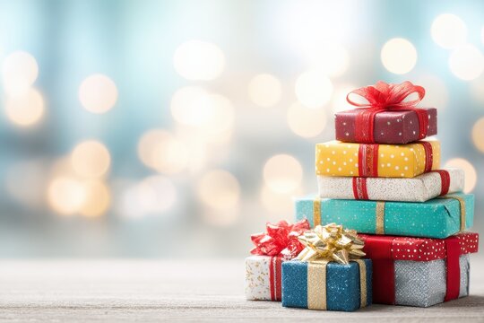Vibrant and colorful gift boxes stacked playfully, bright lighting, cheerful wrapping materials, and a festive mood, perfect for promoting holiday deals and deliveries