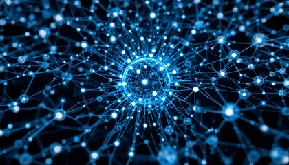 A complex network of interconnected blue spheres and lines against a dark background illustration