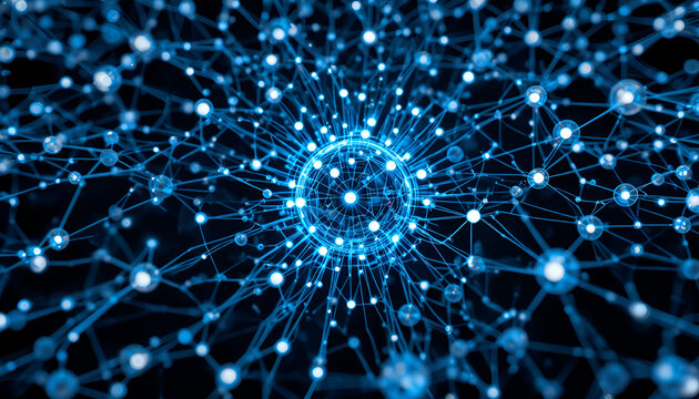 A complex network of interconnected blue spheres and lines against a dark background illustration