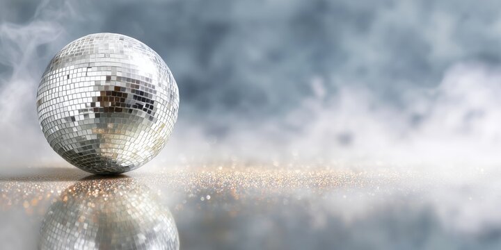 Silver disco ball placed on a reflective surface with soft fog and colorful light reflections. Minimalist yet festive atmosphere with elegant mirrored texture and shimmering glow. - Powered by Adobe
