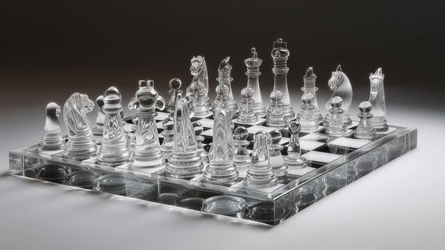 Glass chessboard with transparent crystal piece set, reflective surface, elegant design, strategic game concept modern minimal studio lighting, polished detail, competitive mood with gleaming king
